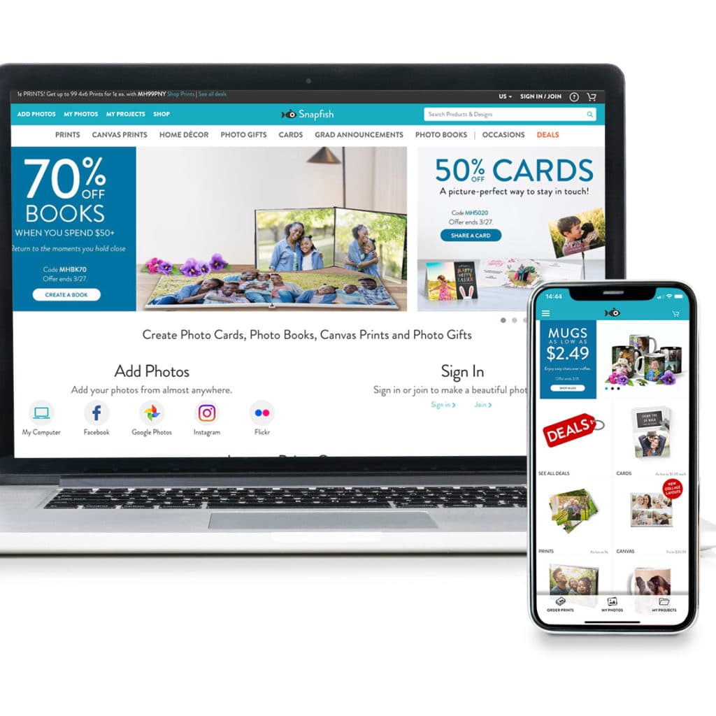 Snapfish website on laptop and phone screens