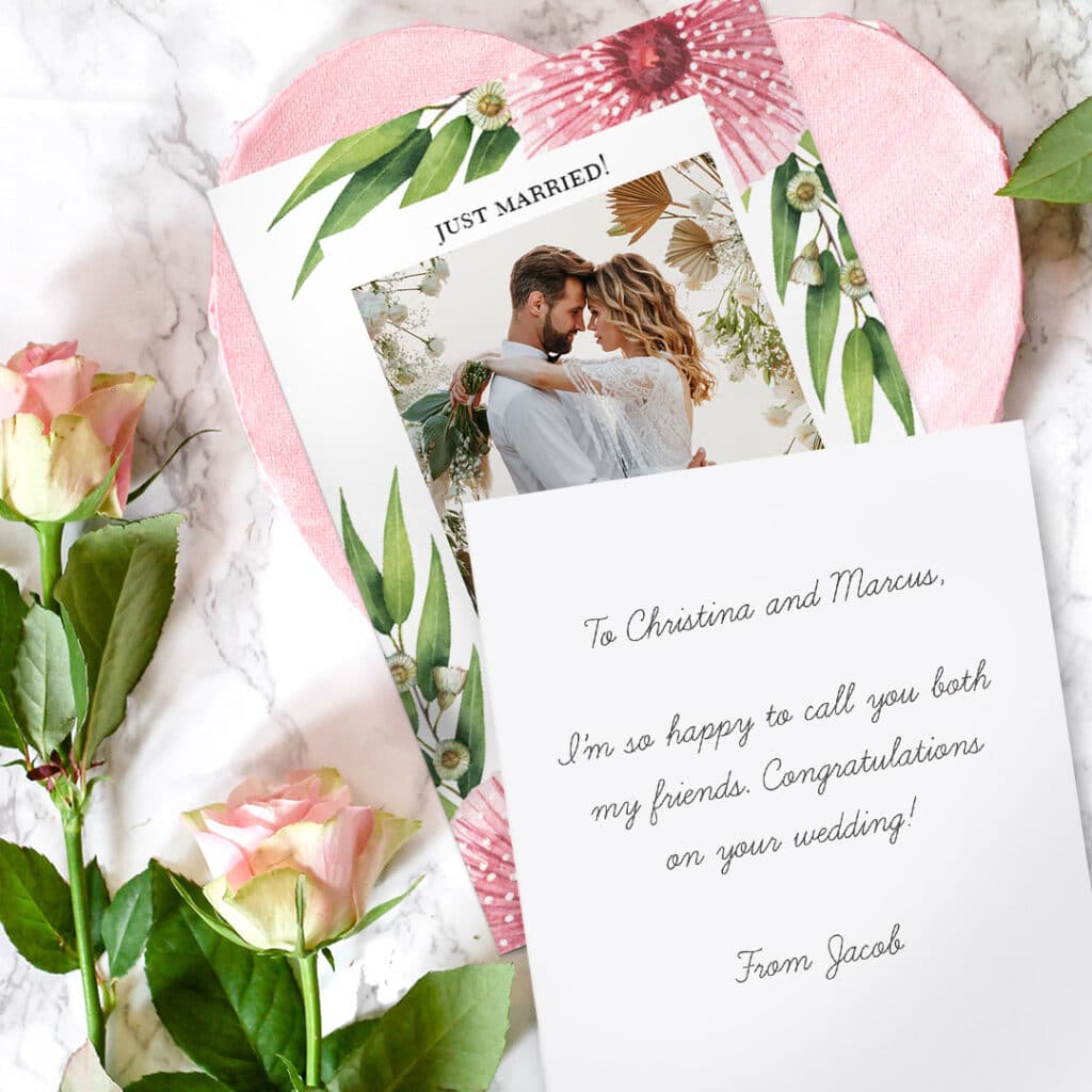 front and back of wedding day card with suggested sentiment for friend