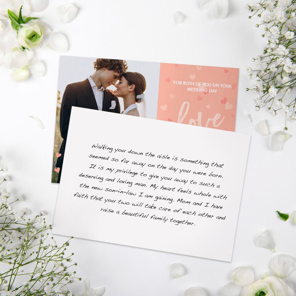 front and back of wedding card with message for a daughter or son