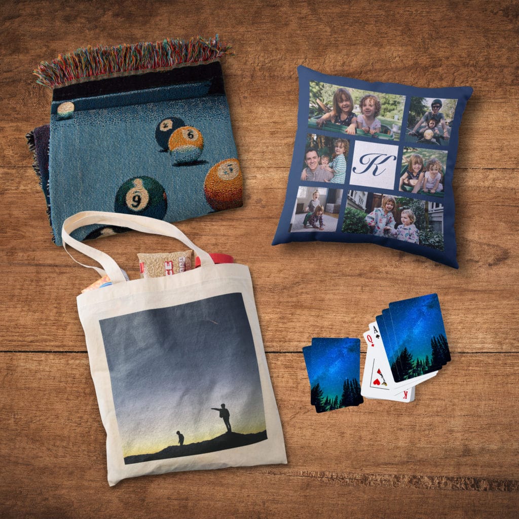 Pack personalized photo blankets, pillows + custom playing cards in a photo tote bag for fun camping adventures.