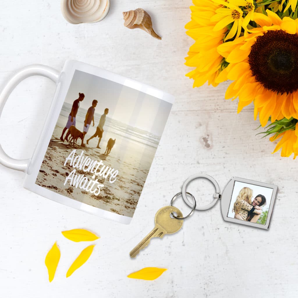 Share photo memories with friends and family on mugs and keychains