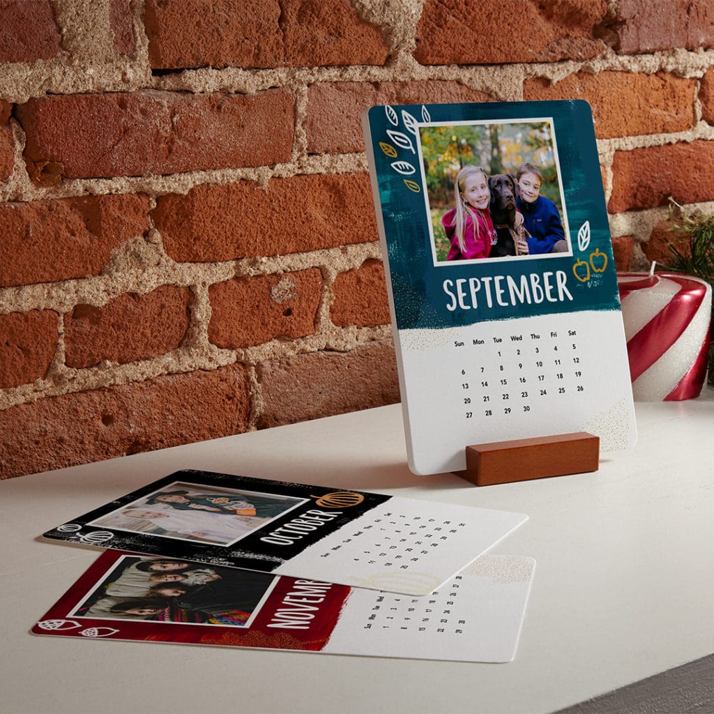 Wood block desk calendars with refillable cards. Just add photos!