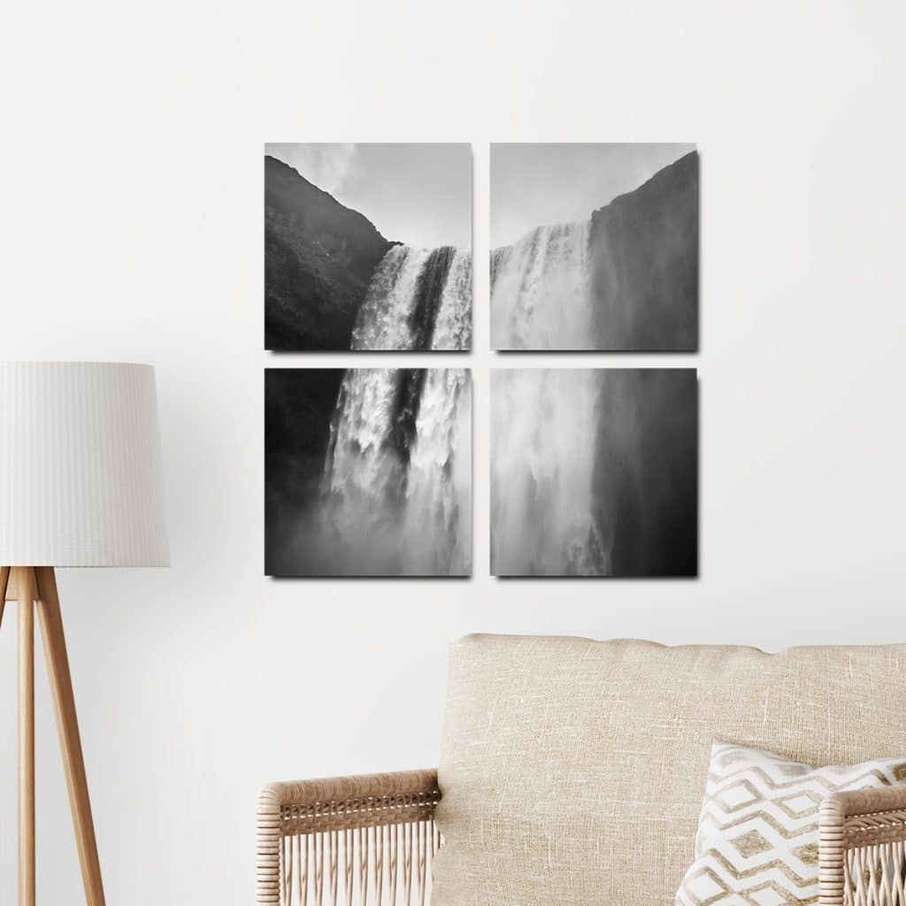 Split photo tile set featuring a waterfall photo hung on the wall over a couch