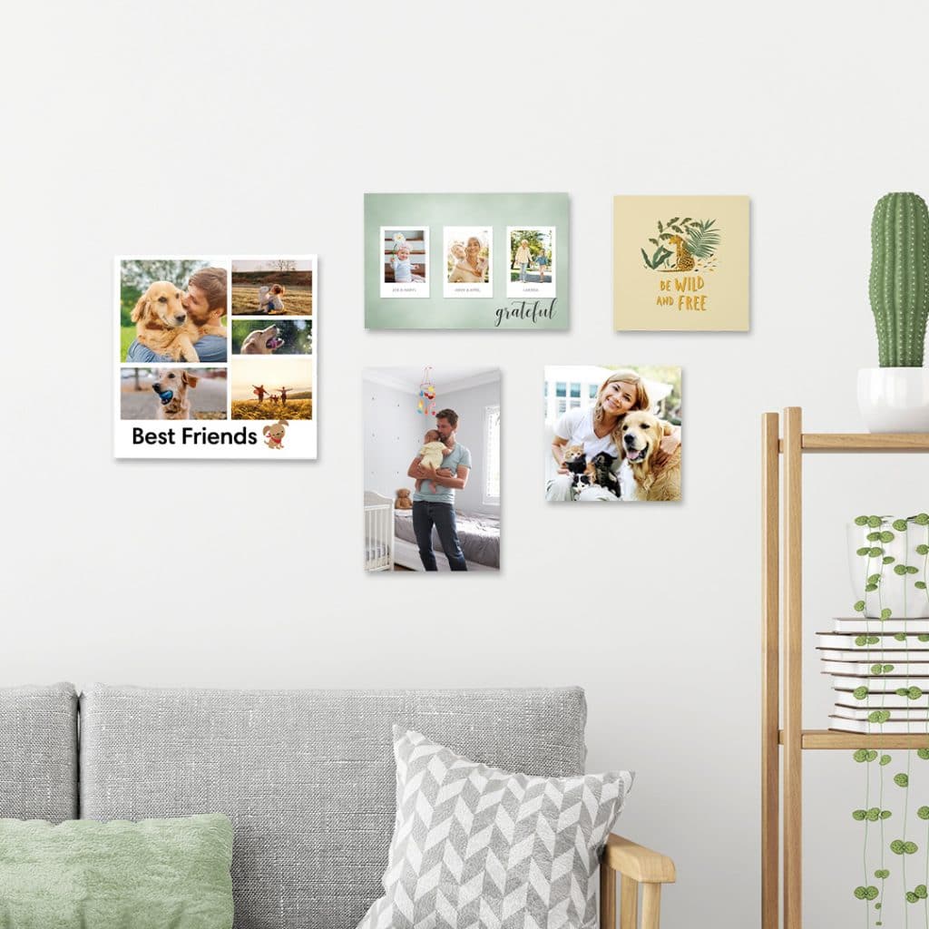 Gallery wall featuring foam photo tiles in 3 different sizes